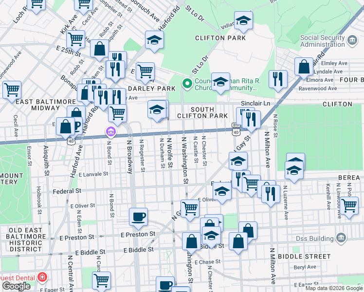 map of restaurants, bars, coffee shops, grocery stores, and more near 1812 North Washington Street in Baltimore