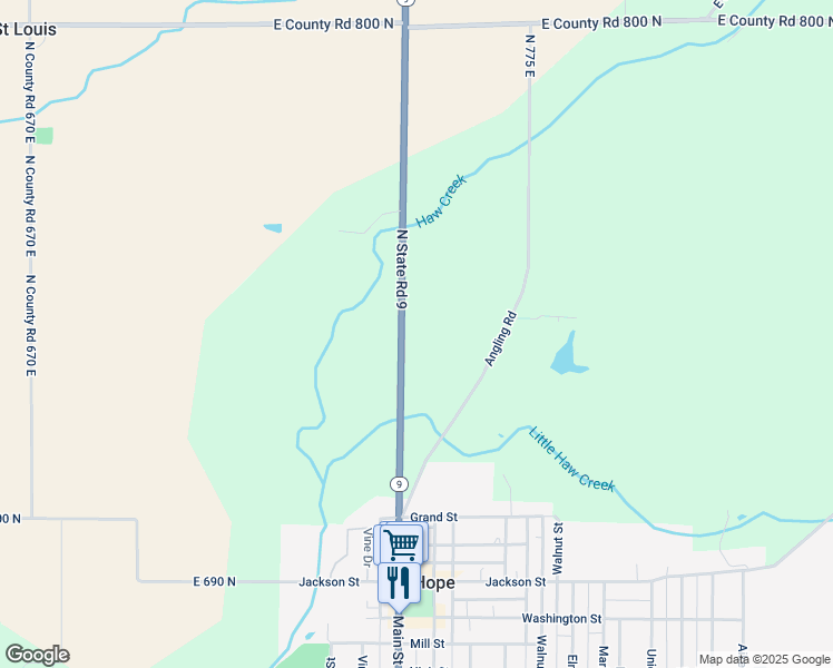 map of restaurants, bars, coffee shops, grocery stores, and more near 11664 Indiana 9 in Hope