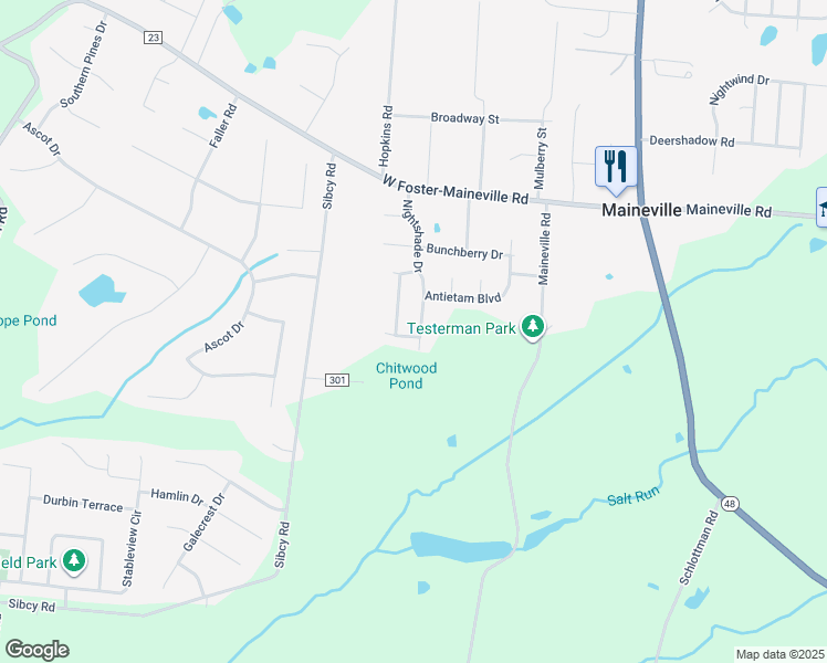 map of restaurants, bars, coffee shops, grocery stores, and more near 8439 Nightshade Drive in Maineville