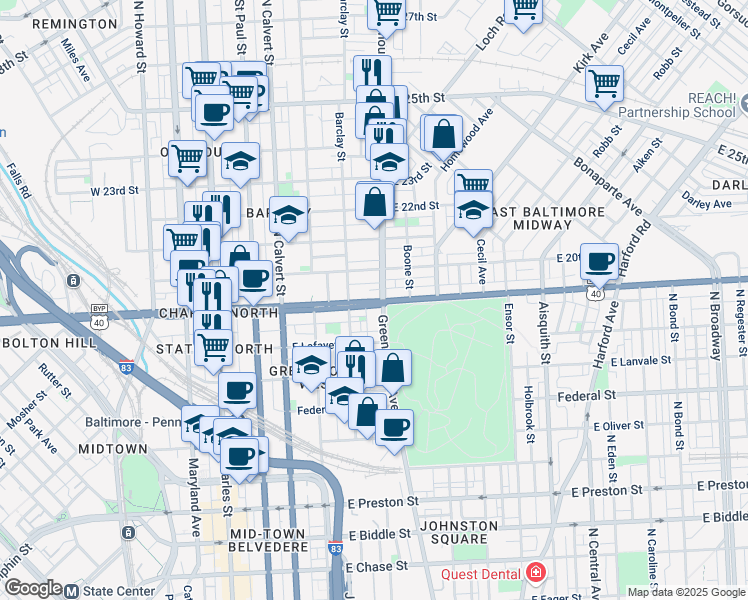 map of restaurants, bars, coffee shops, grocery stores, and more near 1901 Greenmount Avenue in Baltimore