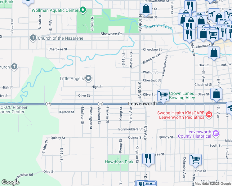 map of restaurants, bars, coffee shops, grocery stores, and more near 1136 Olive Street in Leavenworth