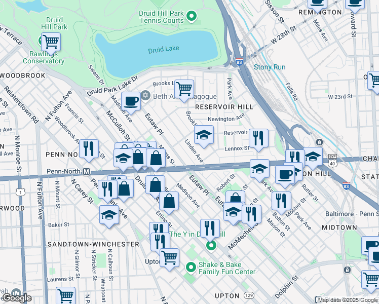 map of restaurants, bars, coffee shops, grocery stores, and more near 2034 Linden Avenue in Baltimore