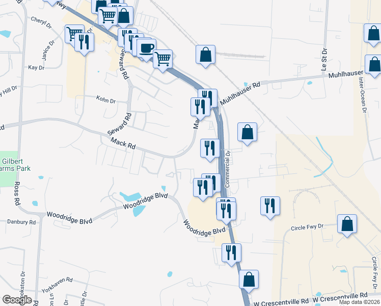 map of restaurants, bars, coffee shops, grocery stores, and more near 3900 Mack Road in Fairfield