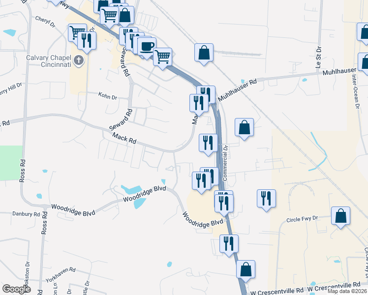 map of restaurants, bars, coffee shops, grocery stores, and more near 3900 Mack Road in Fairfield