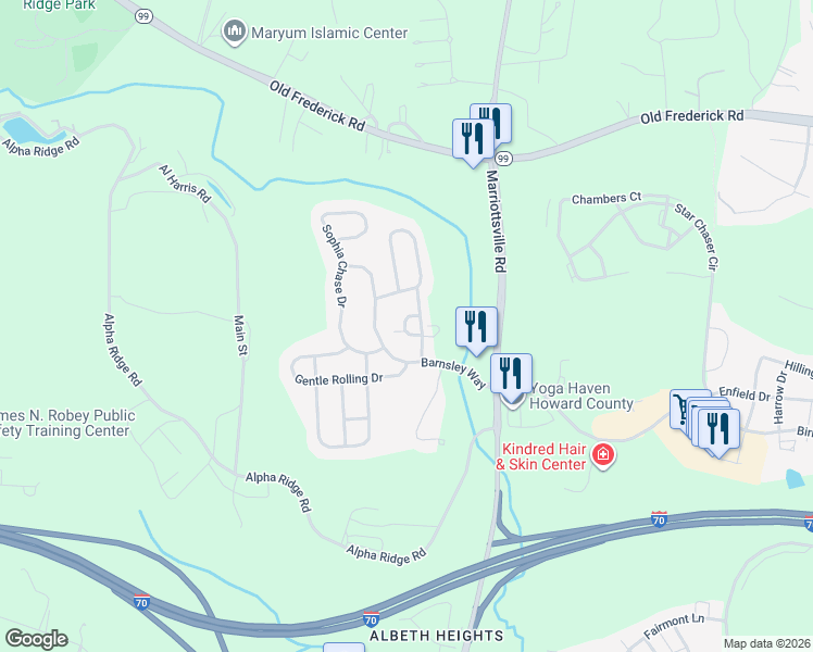 map of restaurants, bars, coffee shops, grocery stores, and more near 2230 John Stuart Road in Marriottsville