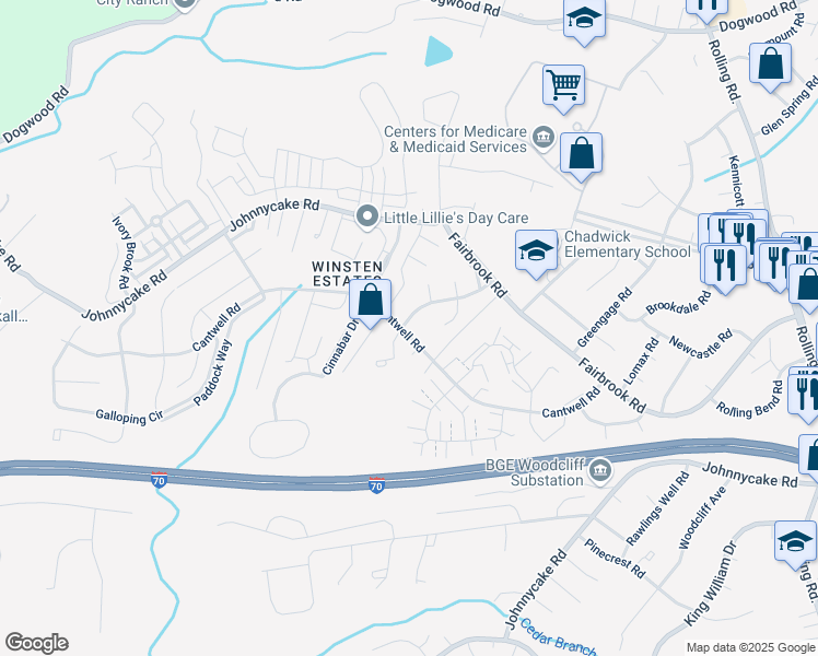 map of restaurants, bars, coffee shops, grocery stores, and more near 7318 Cantwell Road in Woodlawn