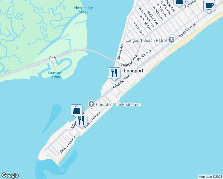map of restaurants, bars, coffee shops, grocery stores, and more near 2301 Atlantic Avenue in Longport