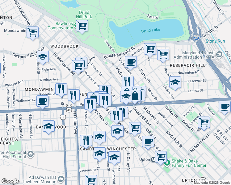 map of restaurants, bars, coffee shops, grocery stores, and more near 2428 Francis Street in Baltimore