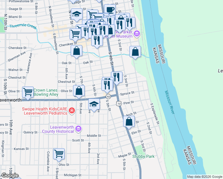map of restaurants, bars, coffee shops, grocery stores, and more near 716 South 4th Street in Leavenworth