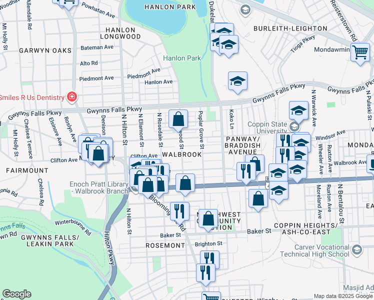 map of restaurants, bars, coffee shops, grocery stores, and more near 2944 Clifton Avenue in Baltimore