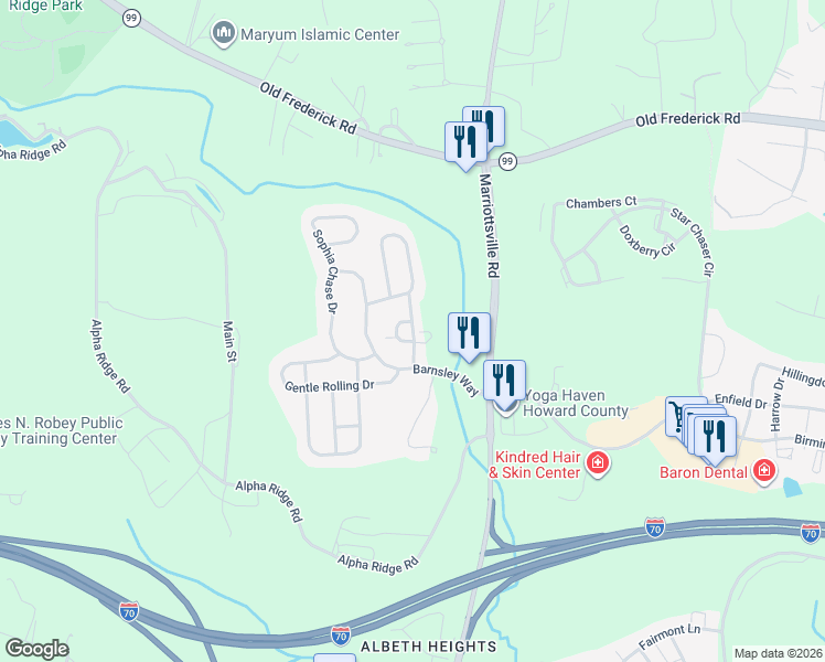 map of restaurants, bars, coffee shops, grocery stores, and more near 2121 John Stuart Road in Marriottsville