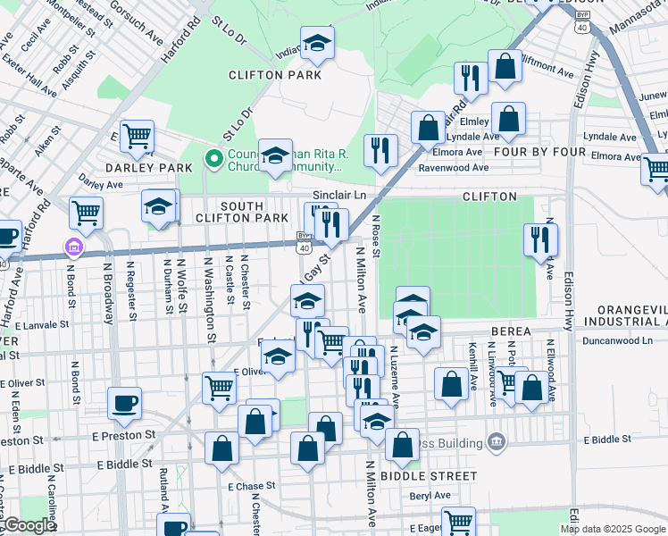 map of restaurants, bars, coffee shops, grocery stores, and more near 1815 North Montford Avenue in Baltimore