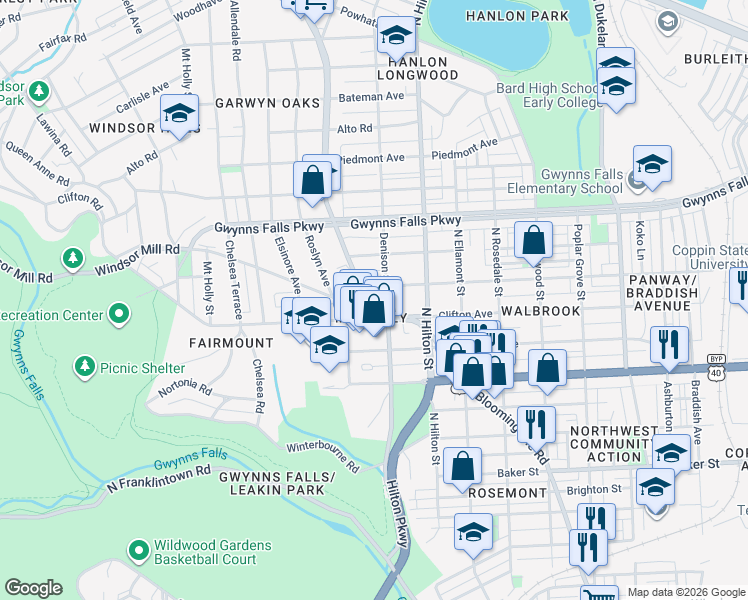 map of restaurants, bars, coffee shops, grocery stores, and more near 2111 Garrison Boulevard in Baltimore