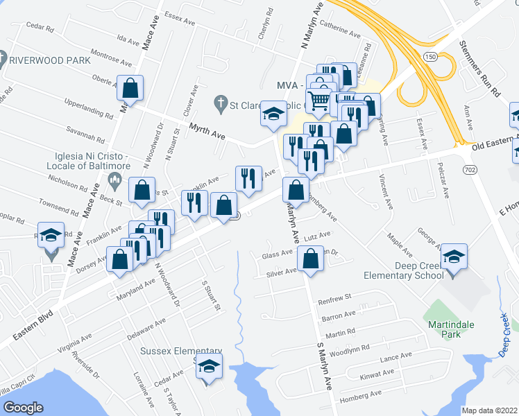 map of restaurants, bars, coffee shops, grocery stores, and more near 811 Eastern Boulevard in Essex