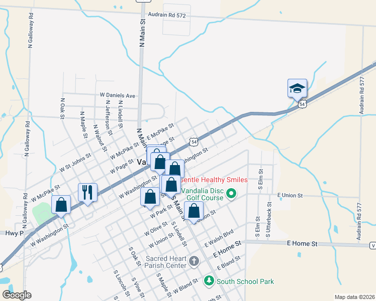 map of restaurants, bars, coffee shops, grocery stores, and more near 410 U.S. 54 in Vandalia
