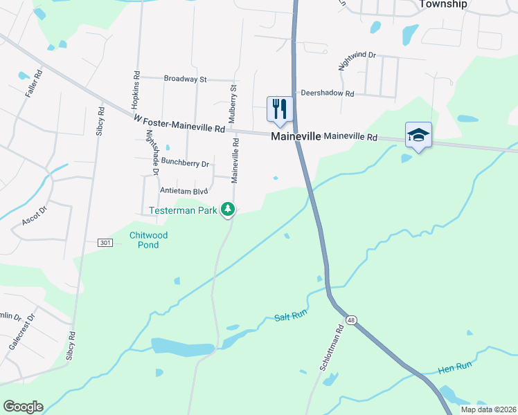 map of restaurants, bars, coffee shops, grocery stores, and more near 8396 Maineville Road in Maineville