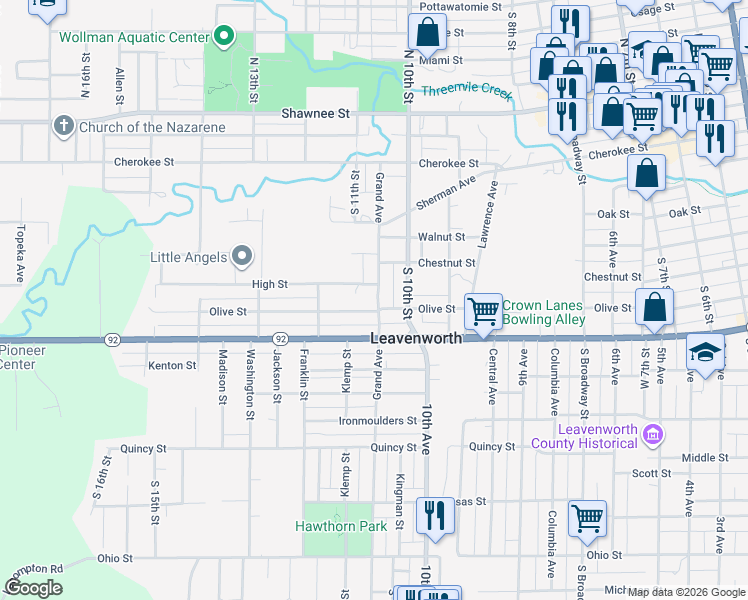 map of restaurants, bars, coffee shops, grocery stores, and more near 616 Grand Avenue in Leavenworth