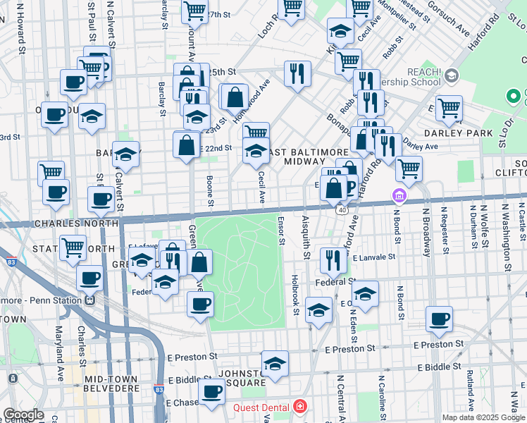 map of restaurants, bars, coffee shops, grocery stores, and more near E North Ave & Cecil Ave in Baltimore