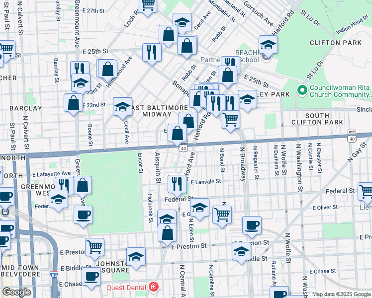 map of restaurants, bars, coffee shops, grocery stores, and more near 1268a East North Avenue in Baltimore
