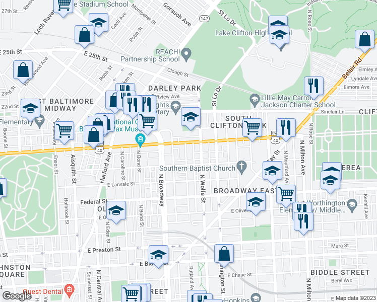 map of restaurants, bars, coffee shops, grocery stores, and more near 1833 Rutland Avenue in Baltimore