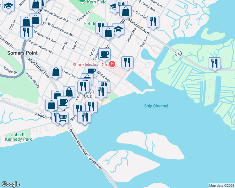 map of restaurants, bars, coffee shops, grocery stores, and more near 121 Higbee Avenue in Somers Point