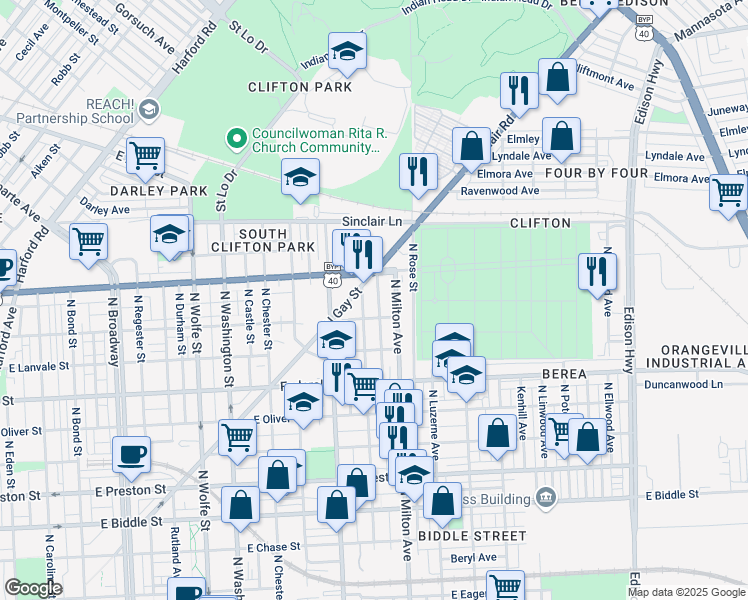 map of restaurants, bars, coffee shops, grocery stores, and more near 1814 North Port Street in Baltimore