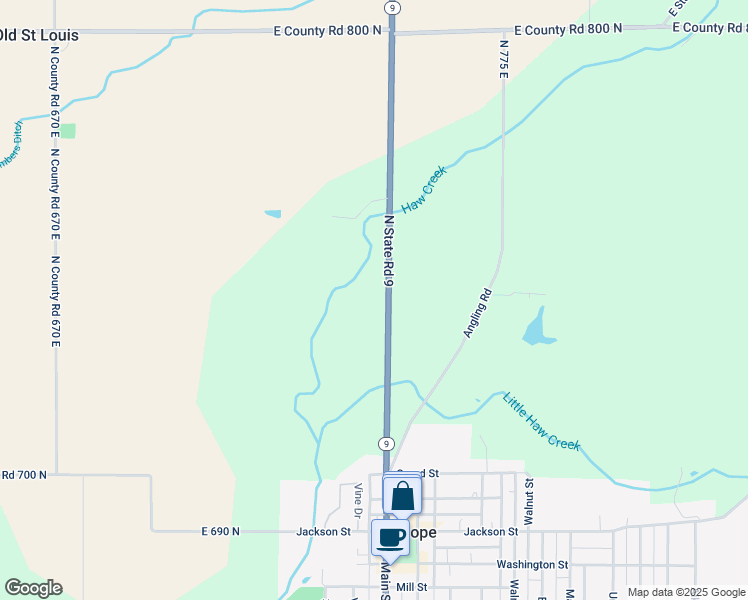 map of restaurants, bars, coffee shops, grocery stores, and more near 11664 Indiana 9 in Hope