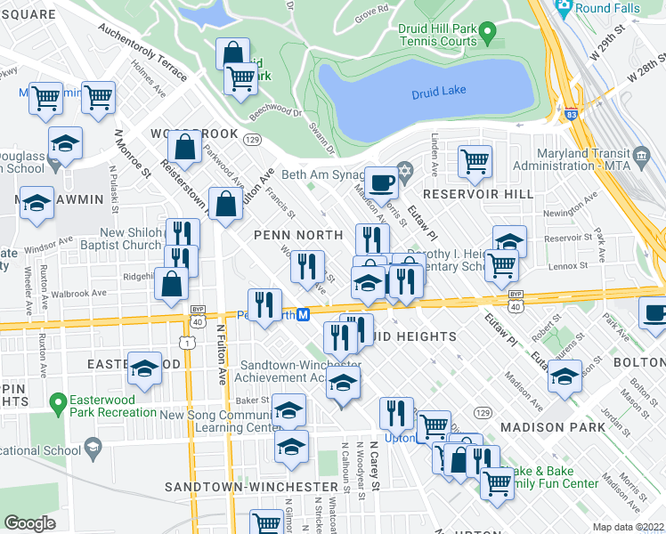 map of restaurants, bars, coffee shops, grocery stores, and more near 2440 Francis Street in Baltimore