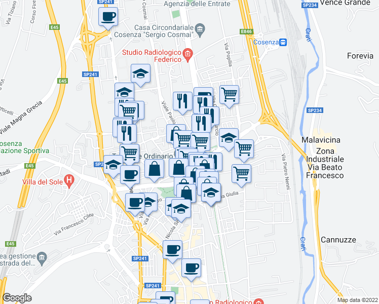 map of restaurants, bars, coffee shops, grocery stores, and more near 17 Viale Paolo Borsellino in Cosenza