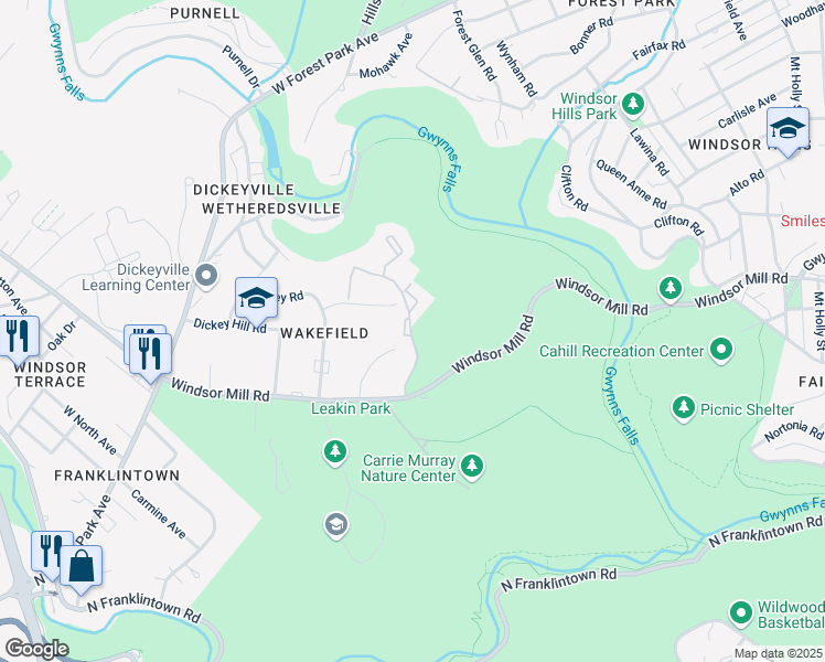 map of restaurants, bars, coffee shops, grocery stores, and more near 2301 Wheatley Drive in Baltimore