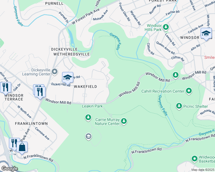 map of restaurants, bars, coffee shops, grocery stores, and more near Wheatley Drive in Baltimore