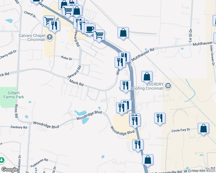 map of restaurants, bars, coffee shops, grocery stores, and more near 3900 Mack Road in Fairfield