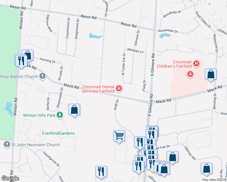 map of restaurants, bars, coffee shops, grocery stores, and more near 2740 Mack Road in Fairfield