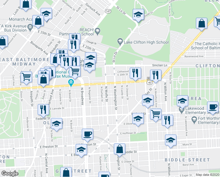 map of restaurants, bars, coffee shops, grocery stores, and more near 1830 North Chapel Street in Baltimore