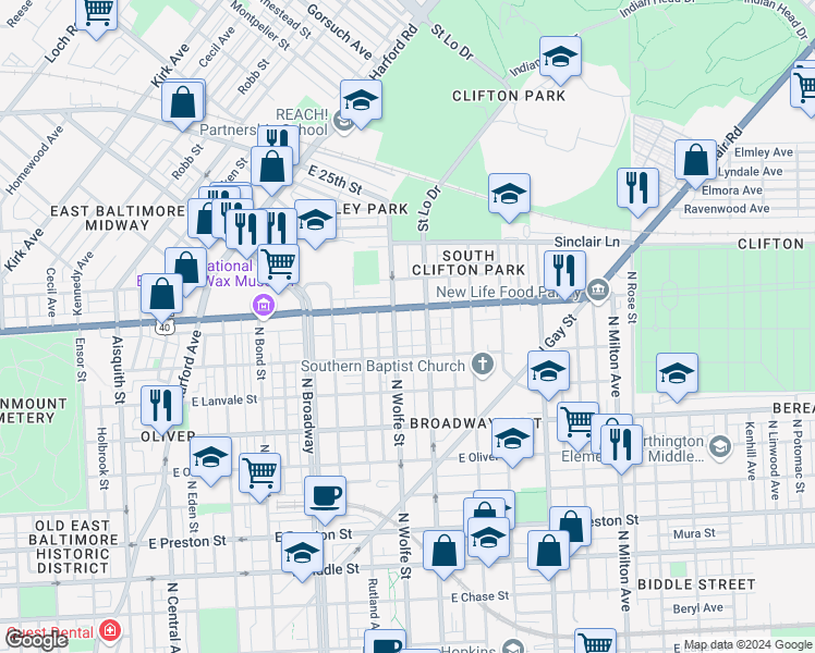 map of restaurants, bars, coffee shops, grocery stores, and more near 1830 North Chapel Street in Baltimore