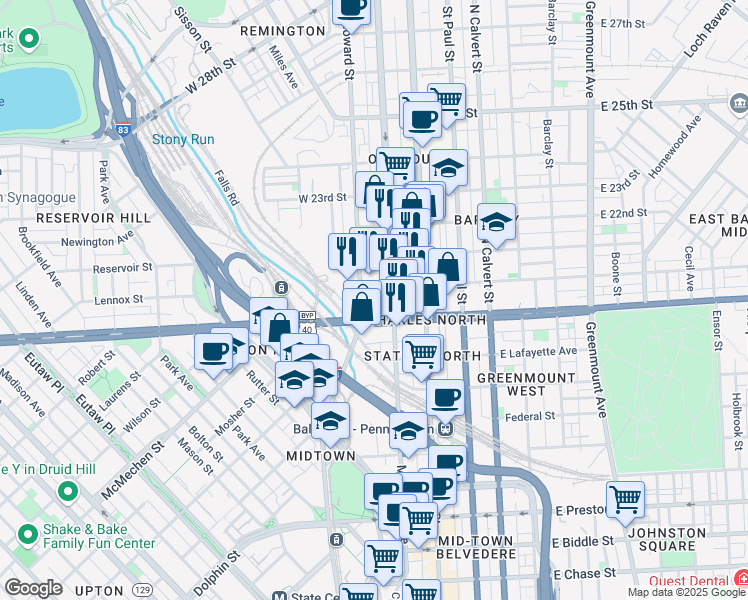 map of restaurants, bars, coffee shops, grocery stores, and more near West 19½ Street in Baltimore