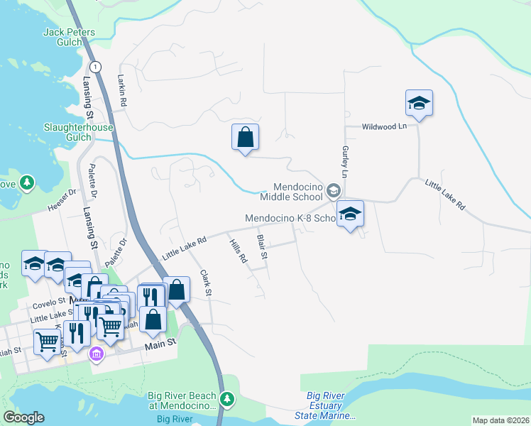 map of restaurants, bars, coffee shops, grocery stores, and more near 44460 Little Lake Road in Mendocino