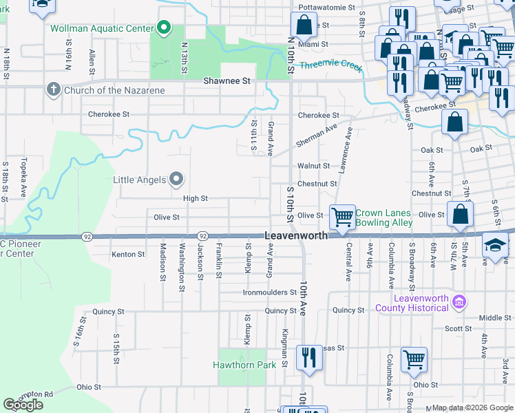 map of restaurants, bars, coffee shops, grocery stores, and more near 616 Grand Avenue in Leavenworth