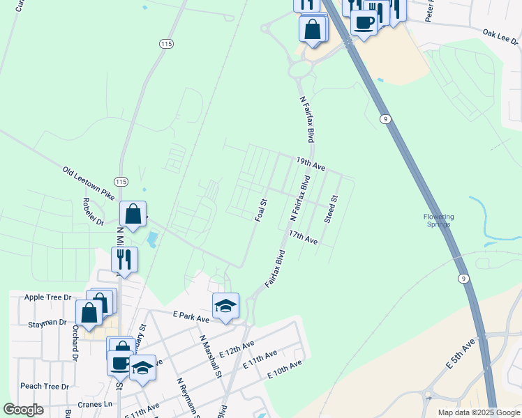 map of restaurants, bars, coffee shops, grocery stores, and more near Foal Street in Ranson