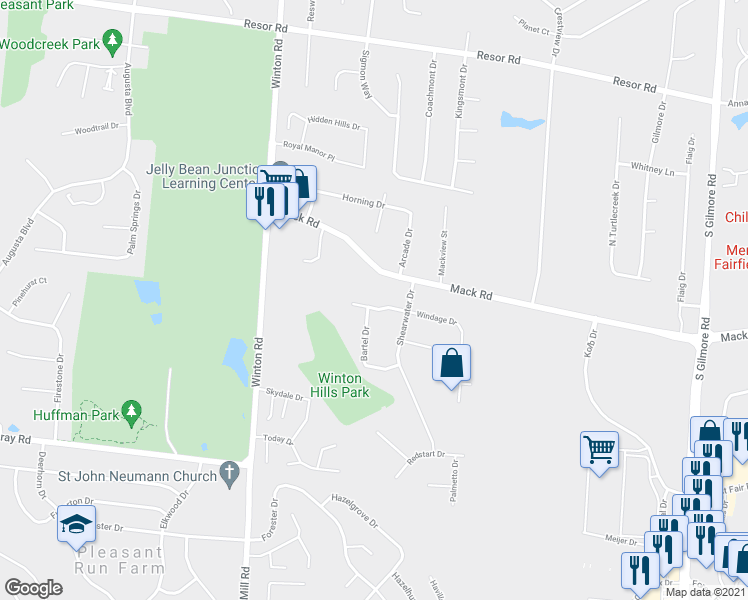 map of restaurants, bars, coffee shops, grocery stores, and more near 2466 Windage Dr in Fairfield
