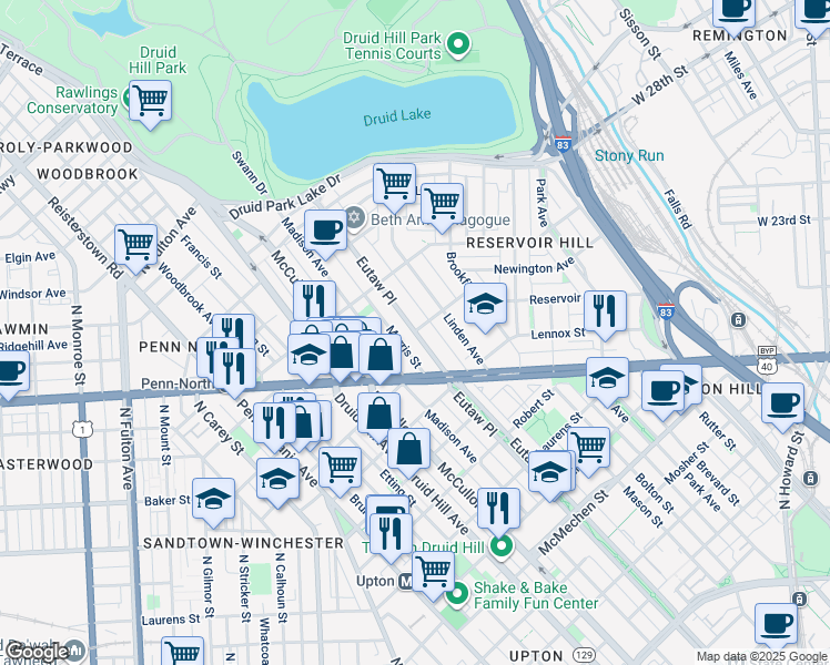 map of restaurants, bars, coffee shops, grocery stores, and more near Eutaw Place & Ducatel Street in Baltimore
