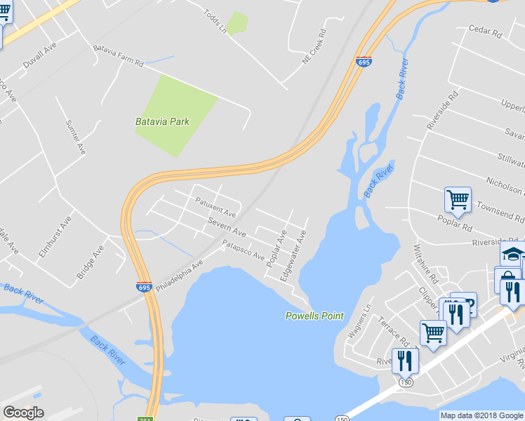 map of restaurants, bars, coffee shops, grocery stores, and more near 8045 Edgewater Avenue in Rosedale