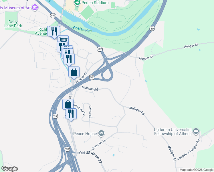 map of restaurants, bars, coffee shops, grocery stores, and more near 20 Mulligan Road in Athens