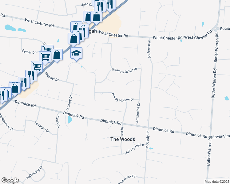 map of restaurants, bars, coffee shops, grocery stores, and more near 7914 Woody Hollow Drive in Butler County