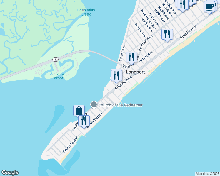 map of restaurants, bars, coffee shops, grocery stores, and more near 2301 Atlantic Avenue in Longport