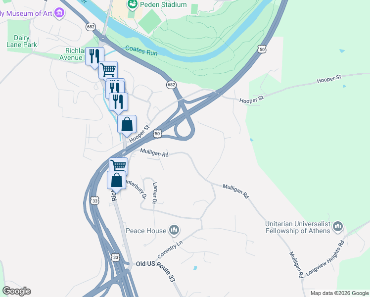 map of restaurants, bars, coffee shops, grocery stores, and more near 20 Mulligan Road in Athens