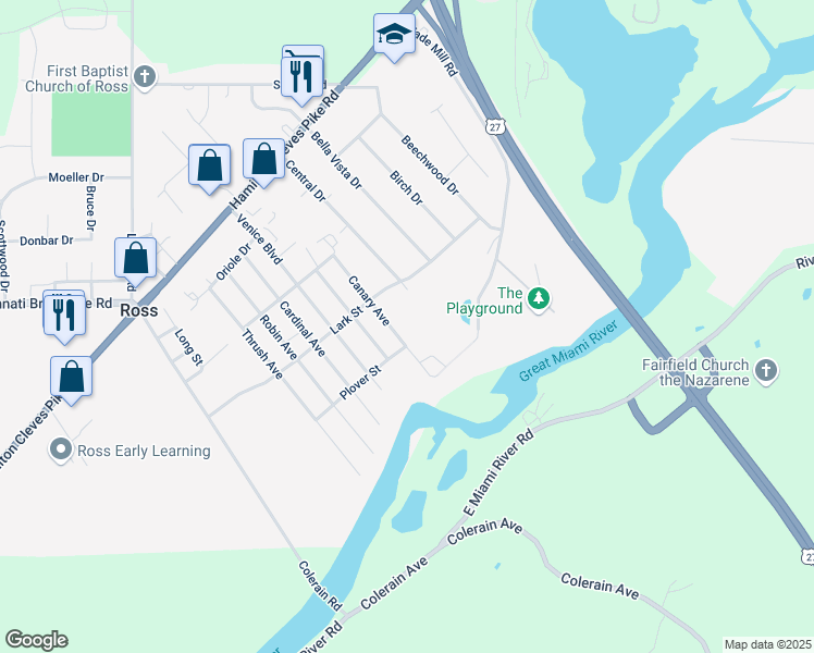 map of restaurants, bars, coffee shops, grocery stores, and more near 2162 Canary Lane in Fairfield