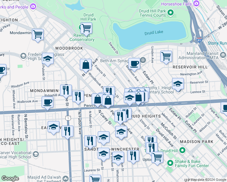 map of restaurants, bars, coffee shops, grocery stores, and more near 2455 Etting Street in Baltimore