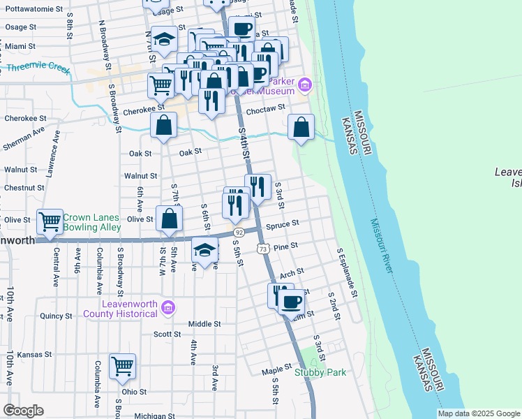 map of restaurants, bars, coffee shops, grocery stores, and more near 801 South 4th Street in Leavenworth