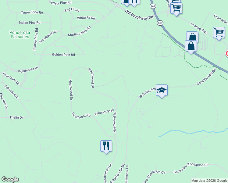 map of restaurants, bars, coffee shops, grocery stores, and more near 10312 Shady Lane in Truckee